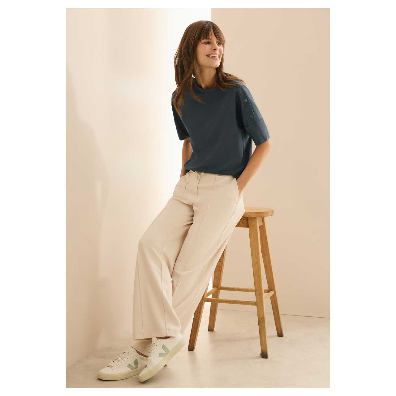 Cecil Damen T-Shirt Solid with Buttons slate khaki