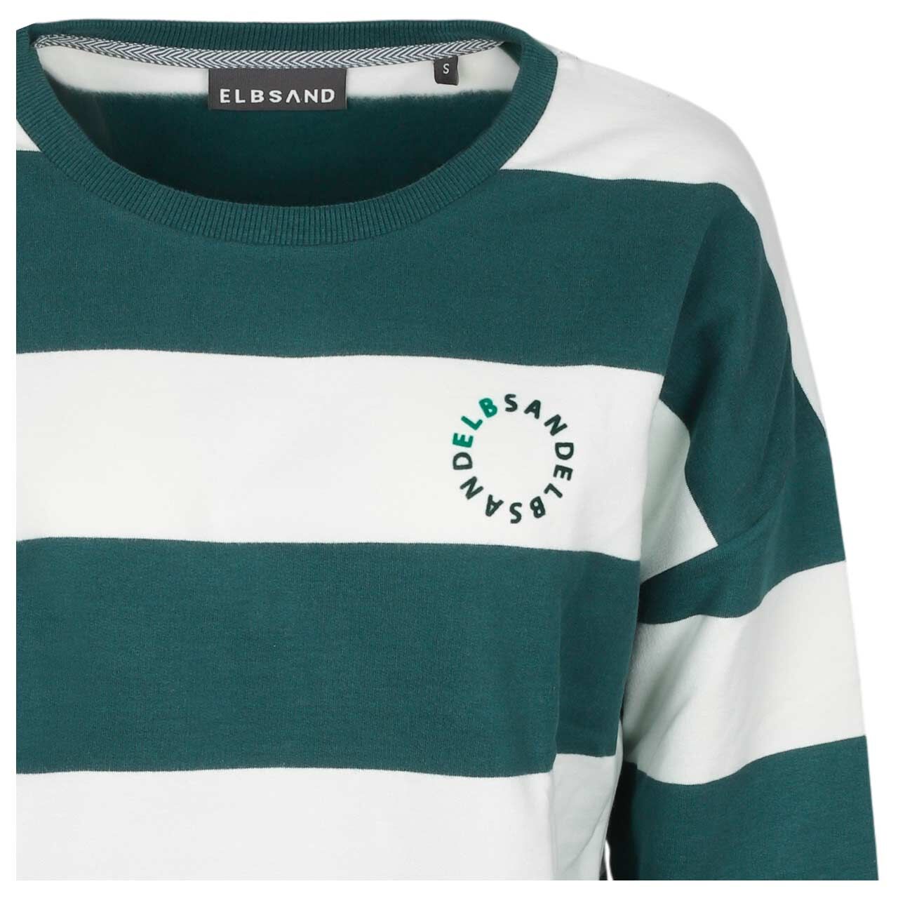 Damen Sweatshirt Hilma von Elbsand in Petrol gestreiftt, Detailansicht von vorne