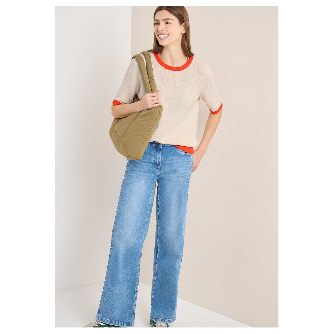 Damen Kurzarm Pullover Bouclé Short Sleeve von Cecil in Orange-Rot, Ganzkörperansicht am Model