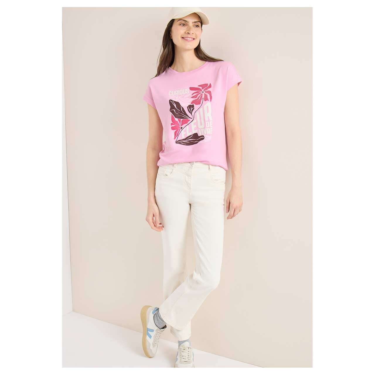 Damen T-Shirt Multi Fleur von Cecil in Rosa mit Print, Ganzkörperansicht am Model