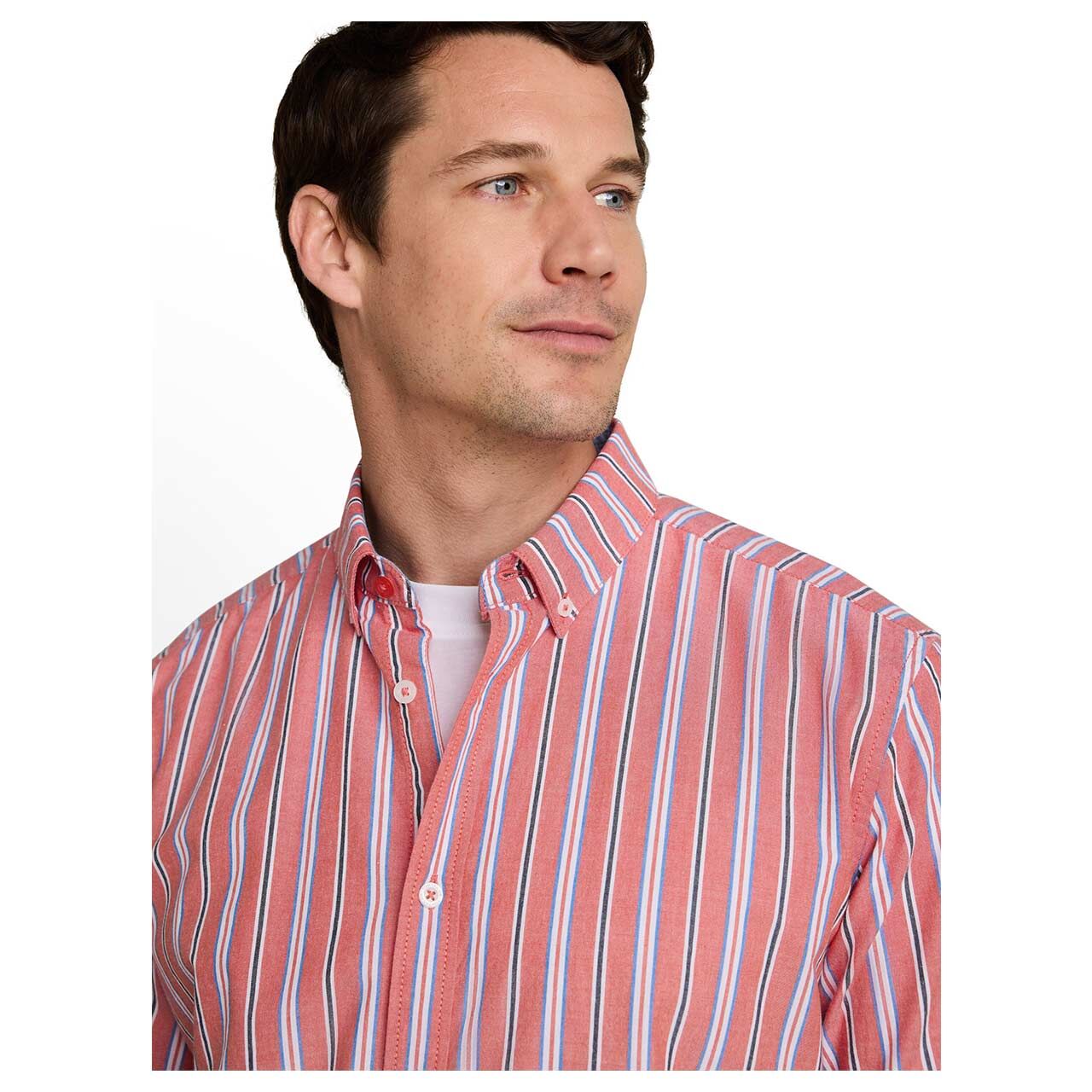 Herren 1/2 Arm Hemd Oxford von Tom Tailor in Rot gestreift, detaillierte Vorderansicht am Model