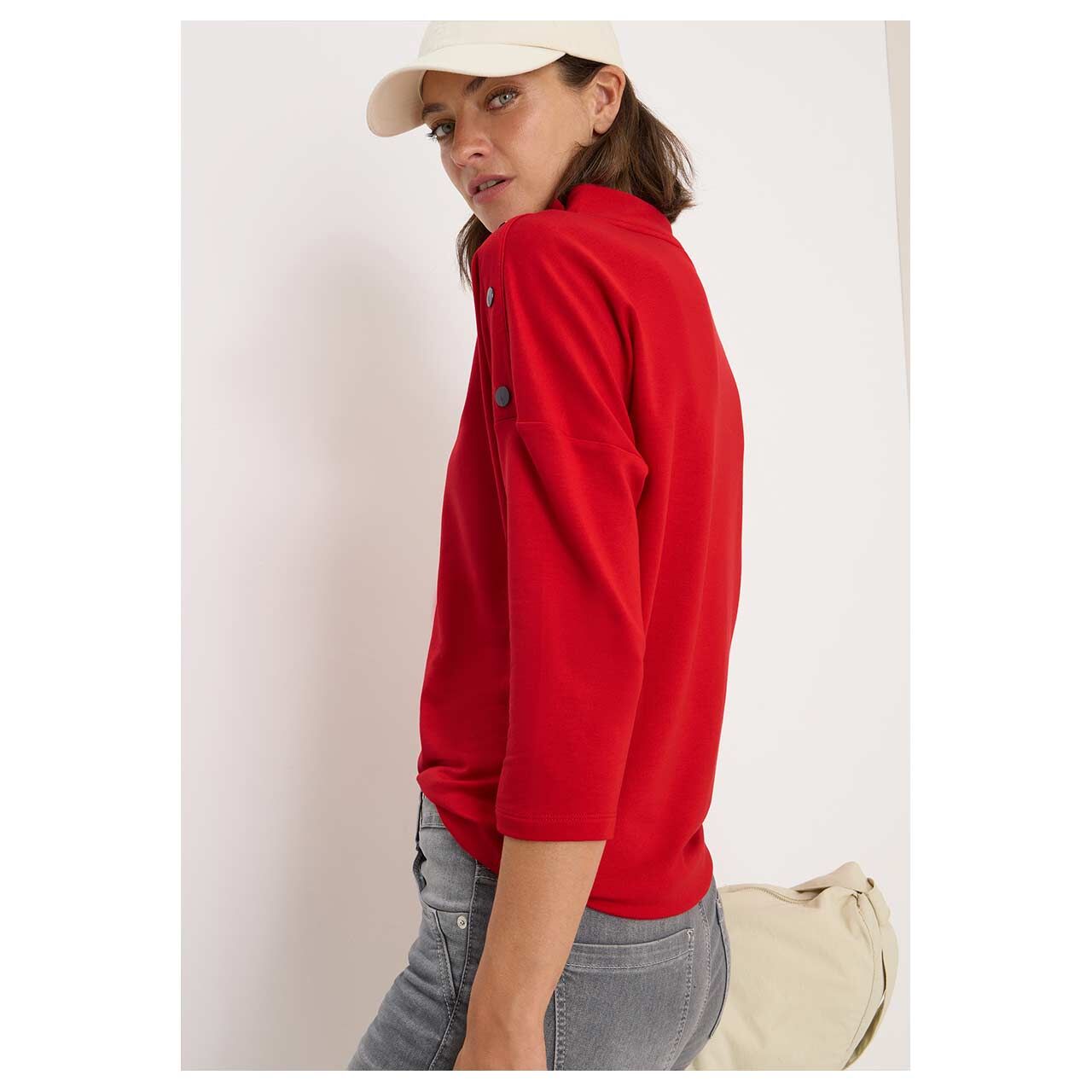 Damen 3/4 Arm Shirt Terry Button Funnel Neck von Cecil in Rot, Seitenansicht am Model