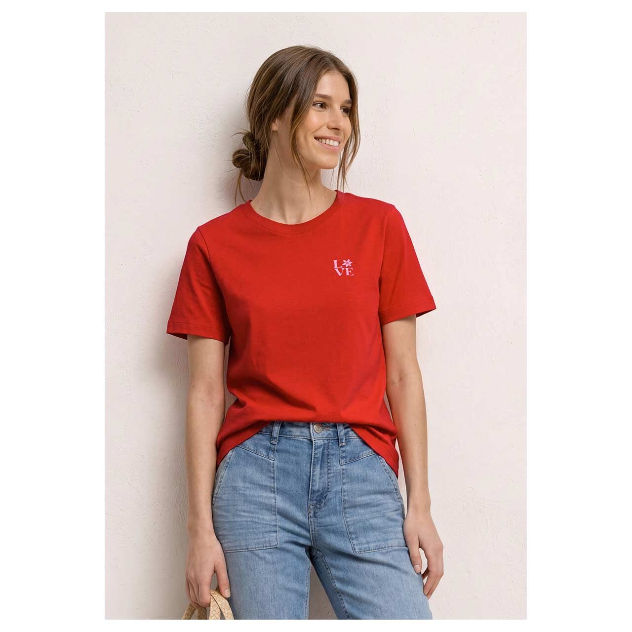 Damen T-Shirt Basic Chest Print von Street One in Rot mit Print, Vorderansicht am Model
