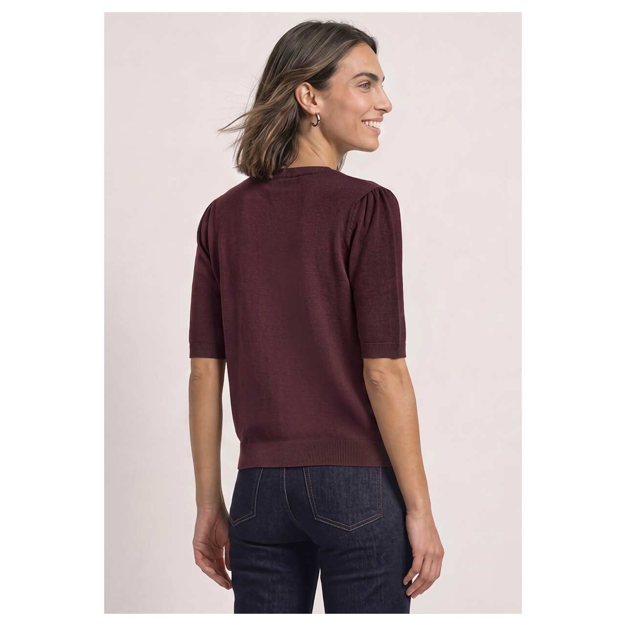 Damen Kurzarm Strickjacke Short Sleeve Cardigan von Street One in Lila, Rückansicht am Model