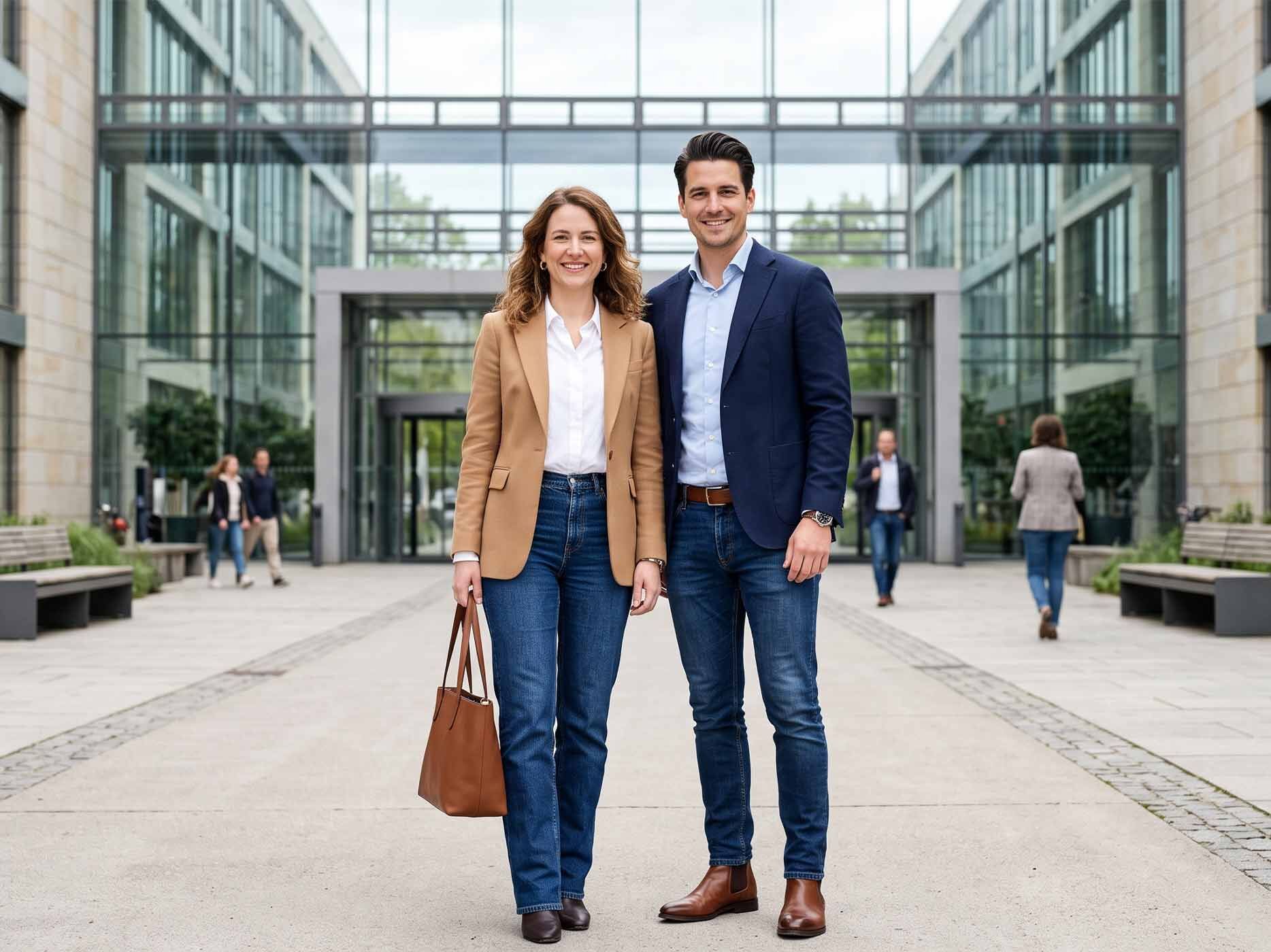 Die Frau kombiniert eine dunkle Jeans mit einer wei&szlig;en Bluse, einem beigefarbenen Blazer und braunen Stiefeletten, w&auml;hrend der Mann Jeans, Hemd, Blazer und Lederschuhe tr&auml;gt.