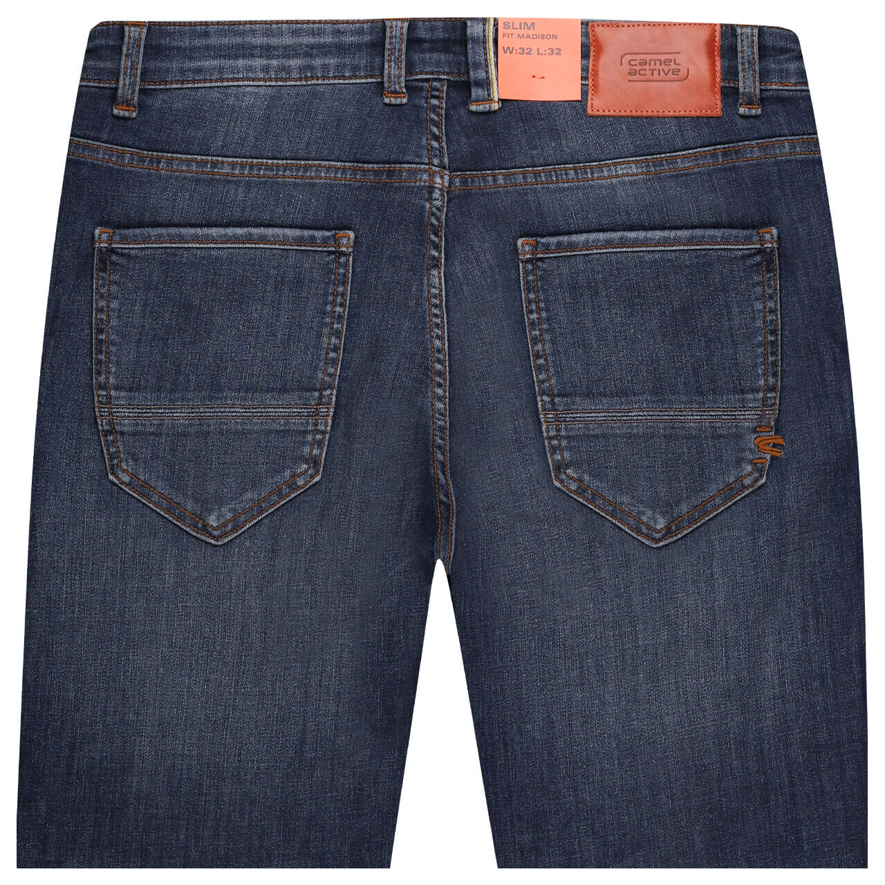 Herrenjeans Madison fleXXX von Camel active in Mittelblau angewaschen, detaillierte Rückansicht