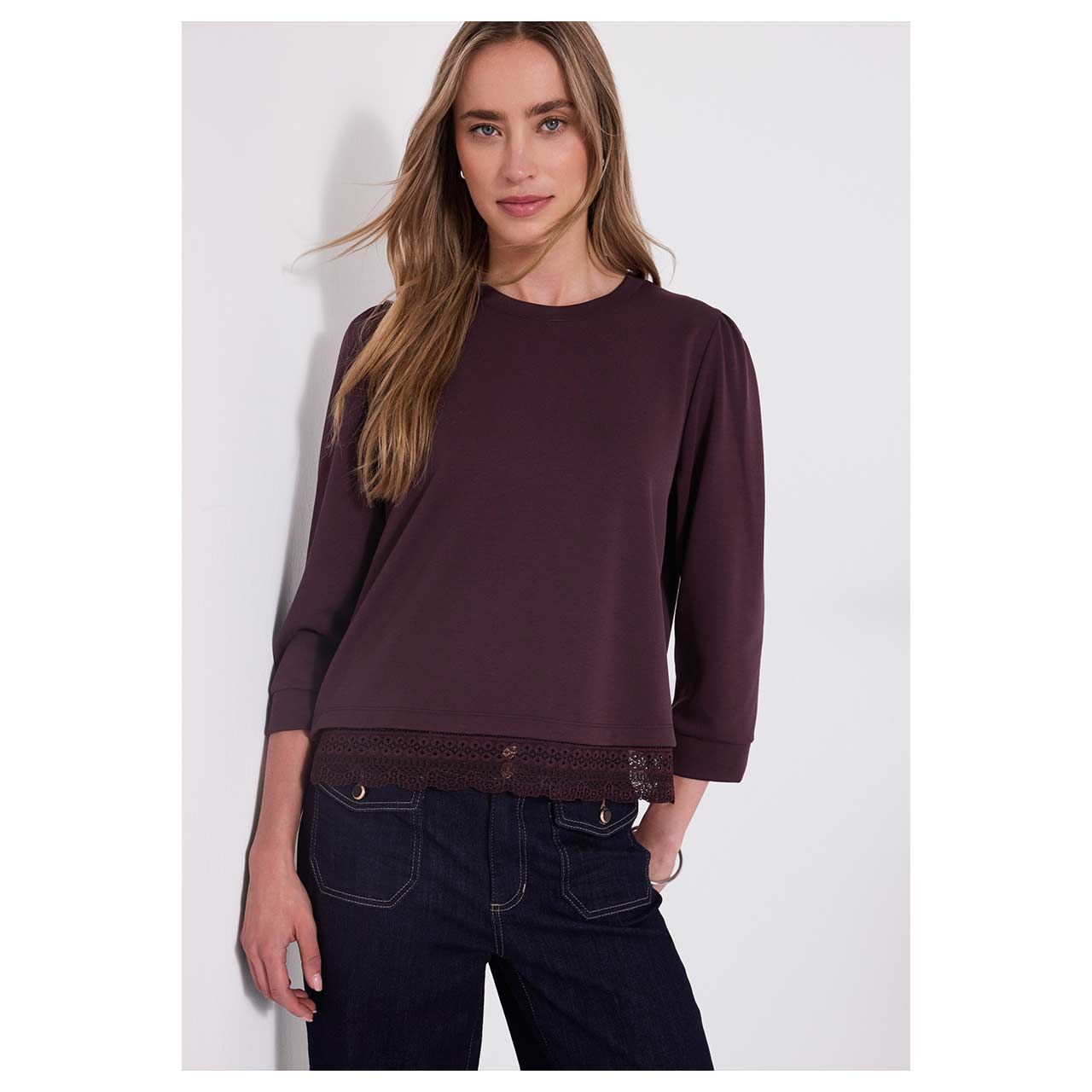 Street One Damen 3/4 Arm Shirt Lace Bottom in Lila, Vorderansicht Model