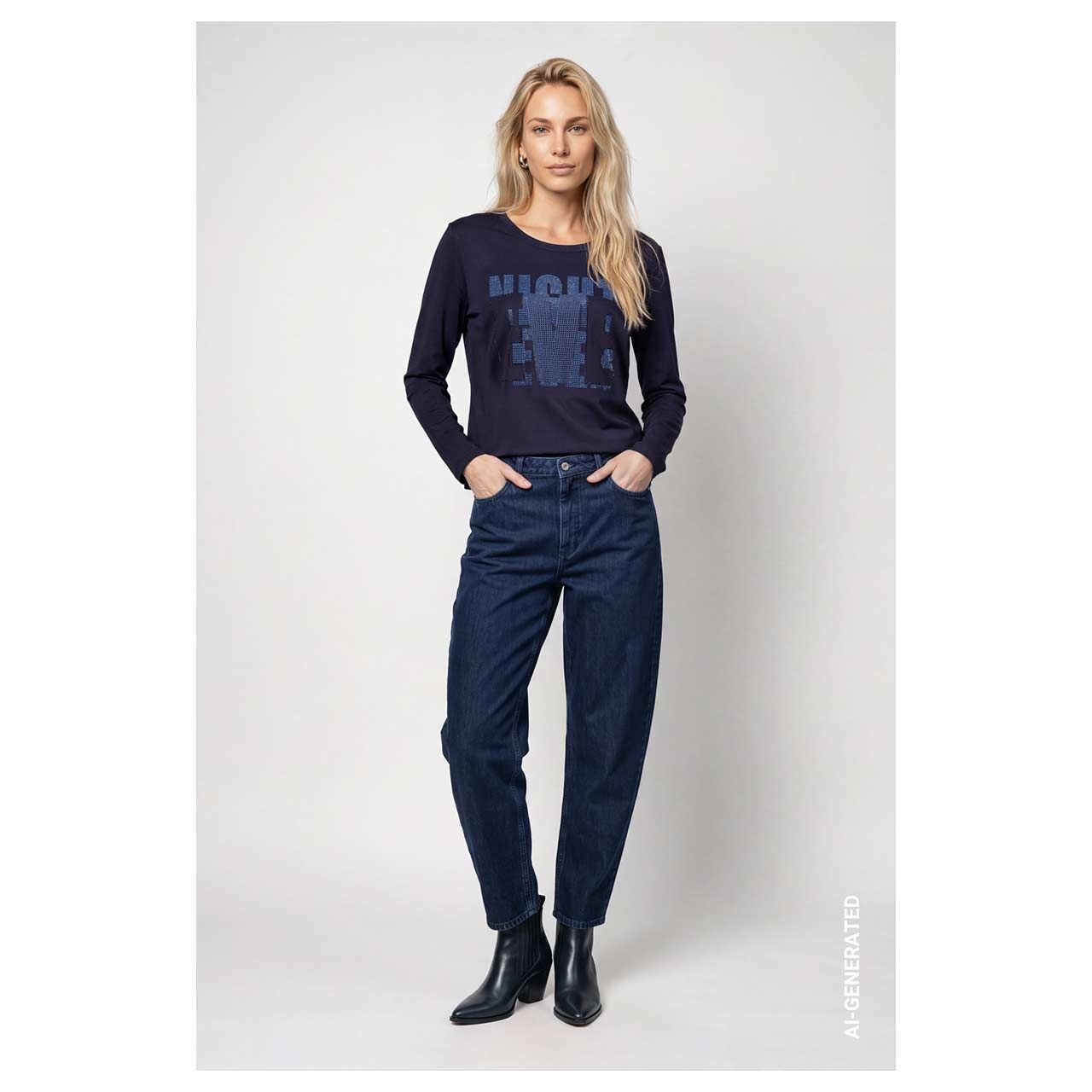 Damen Sweatshirt von Monari in Dunkelblau mit Print, Ganzkörperansicht am Model