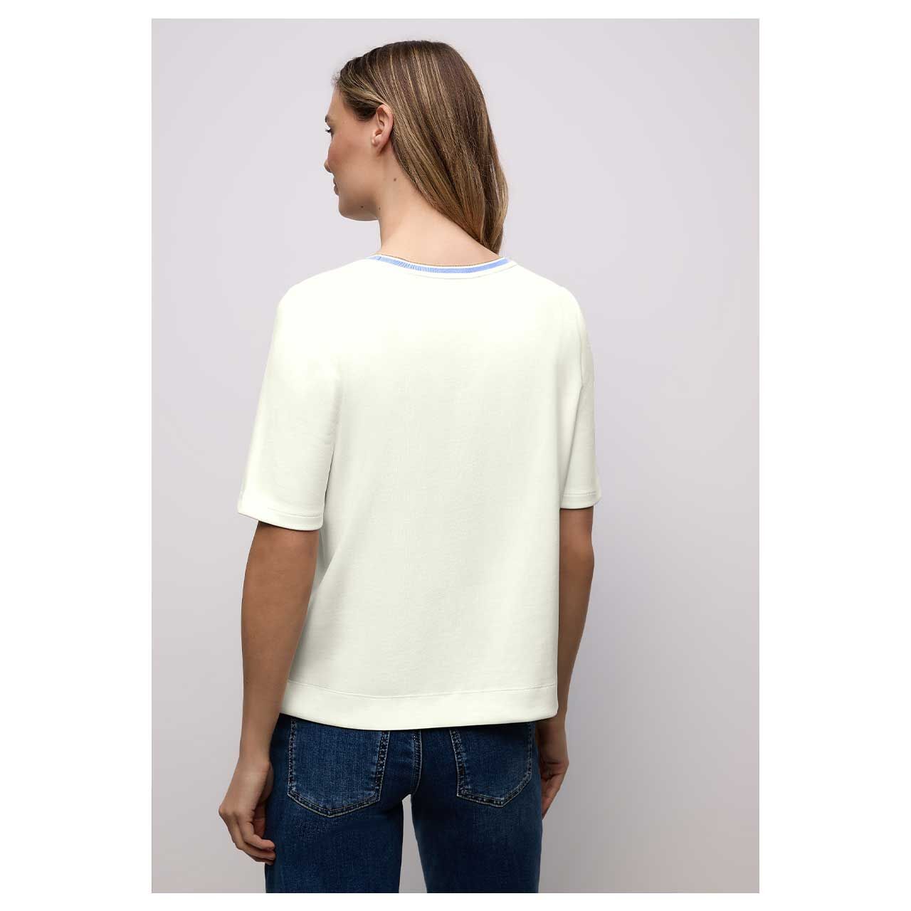 Damen T-Shirt Striped Collar von Street One in Cremeweiß, Rückansicht am Model