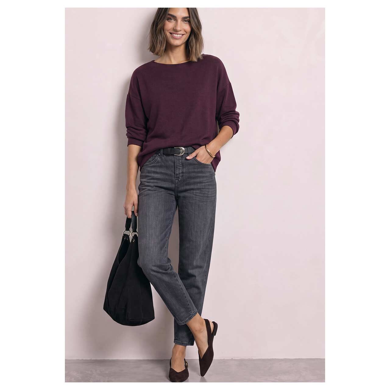 Damen Langarm Shirt Soft Bottom Cuff von Street One in Lila meliert, Ganzkörperansicht am Model