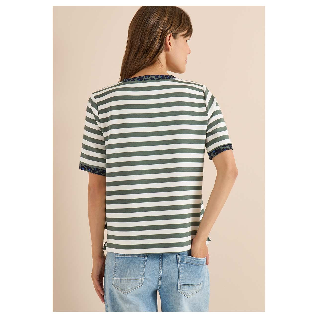 Damen T-Shirt Striped Soft Modal von Cecil in Olivgrün gestreift, Rückansicht am Model