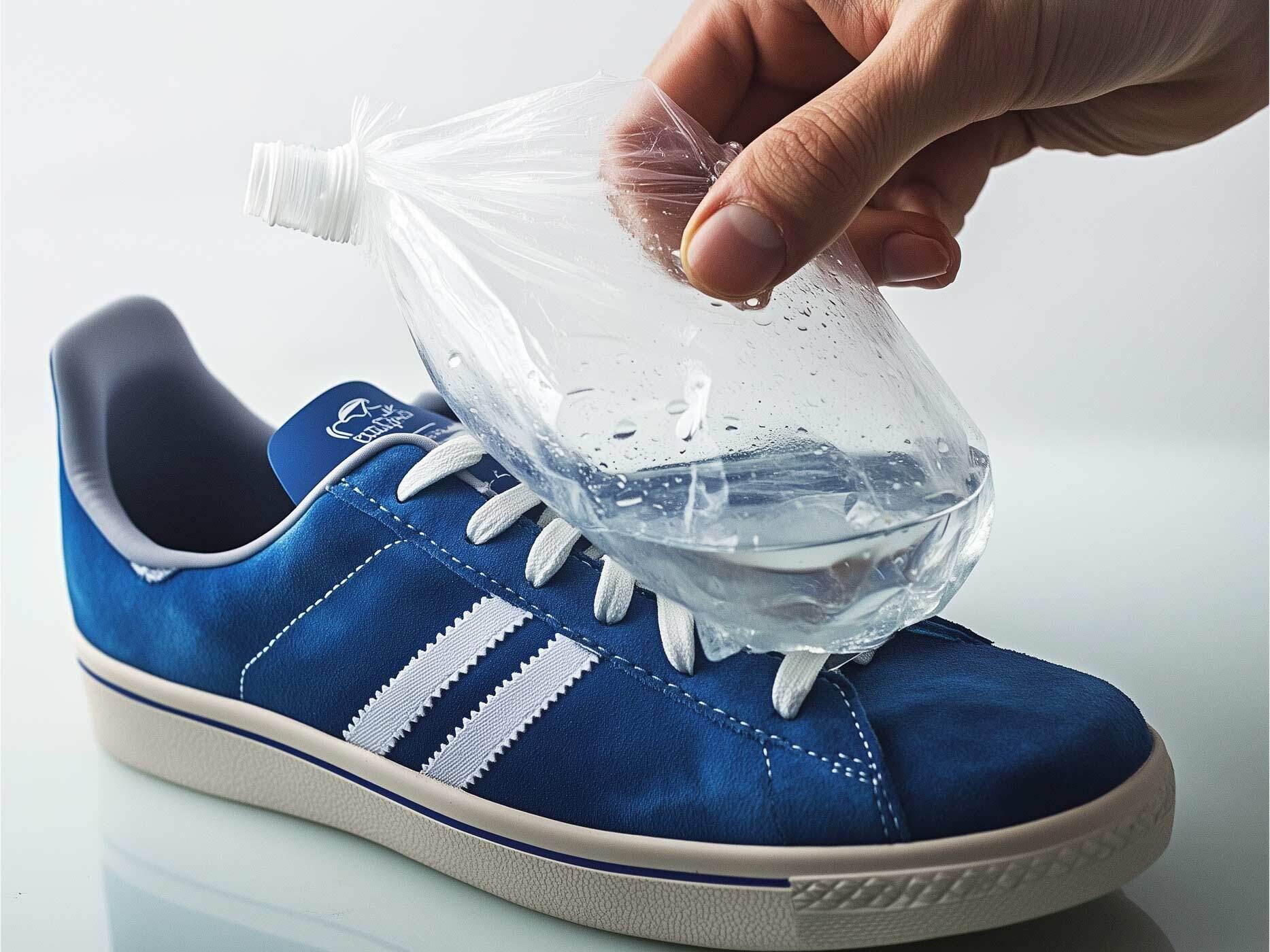 Ein blauer Sneaker, in den ein mit Wasser befüllter Eisbeutel gelegt wird.