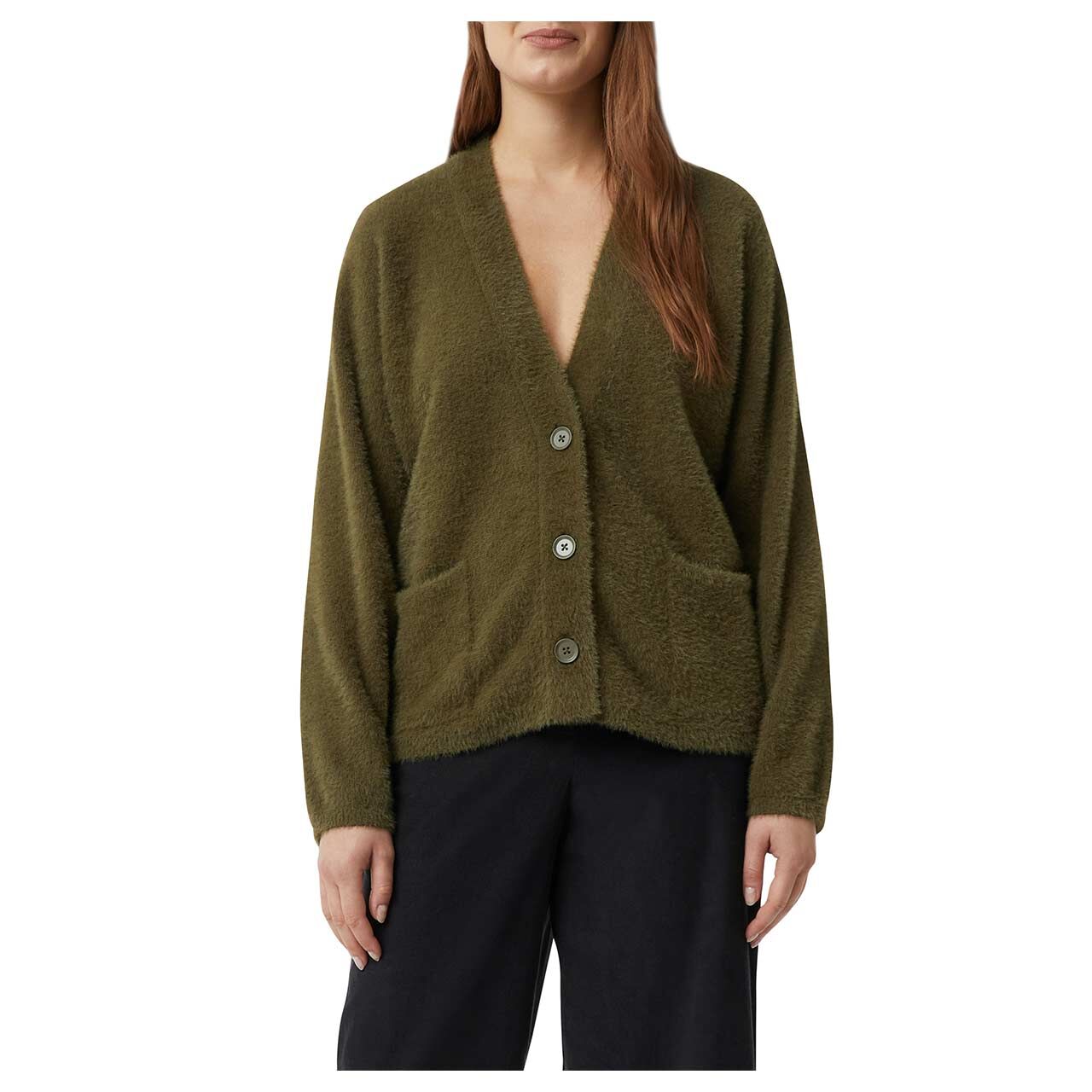 Damen Strickjacke von Comma in Olivgrün, Vorderansicht Model