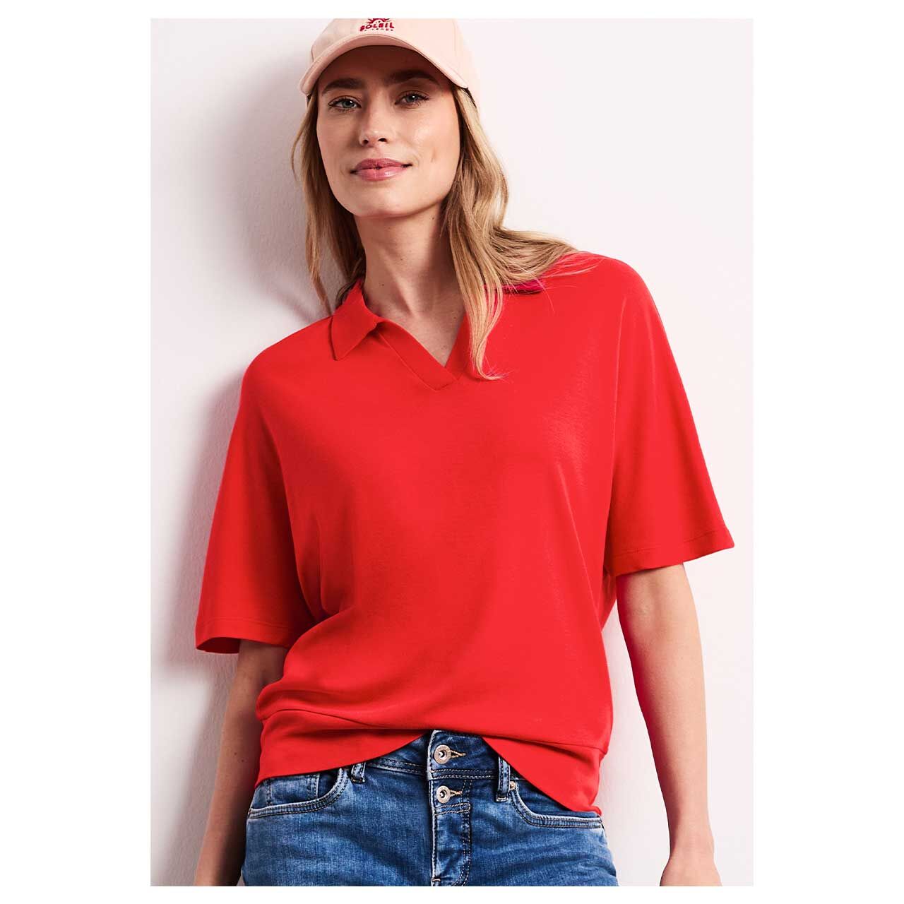 Damen T-Shirt Polo Bottom Cuff von Street One in Rot, Vorderansicht am Model