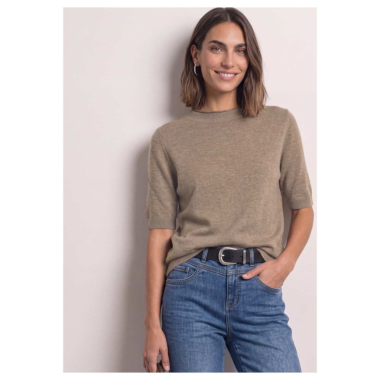 Damen Kurzarm Pullover von Street One in Beige, Vorderansicht am Model