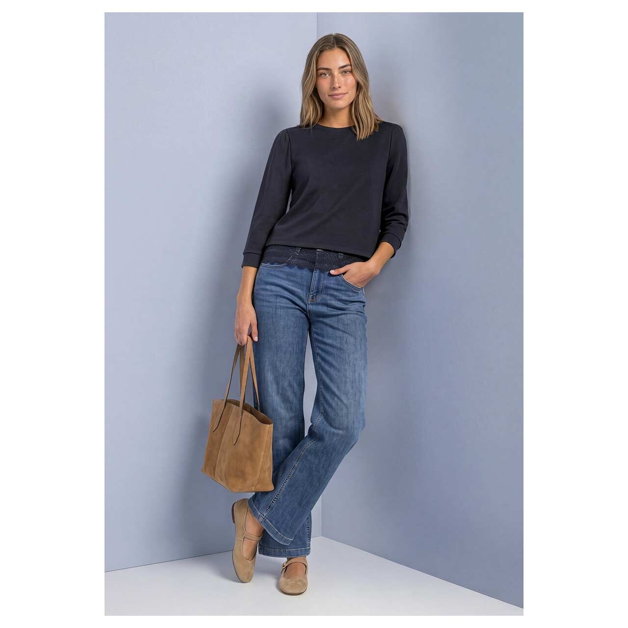 Street One Damen 3/4 Arm Shirt Lace Bottom in Dunkelblau, Ganzkörperansicht Model