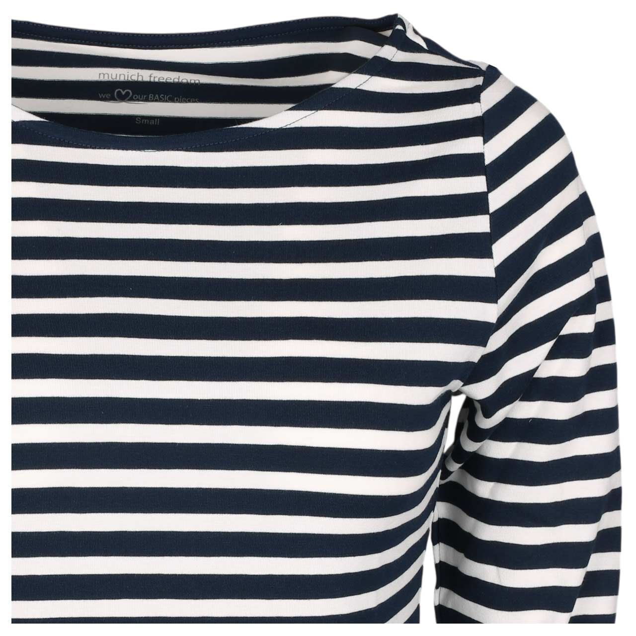 Damen 3/4 Arm Shirt von Munich Freedom in Blau-Weiß gestreift, Detailansicht vorne