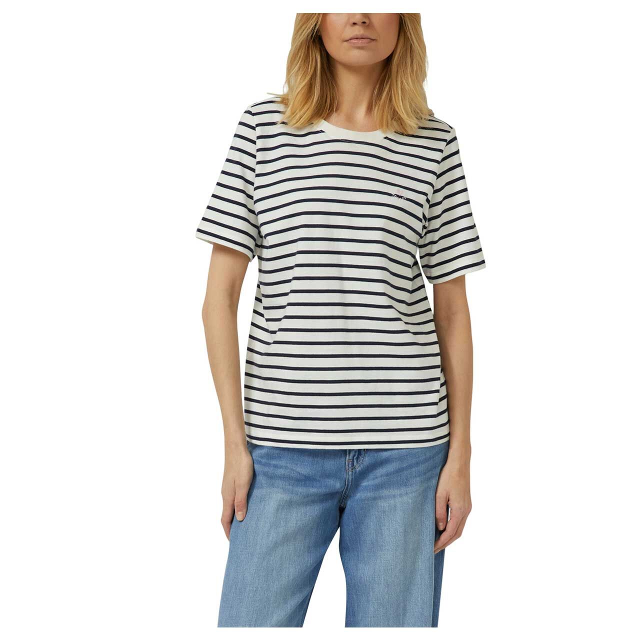 s. Oliver Damen T-Shirt in Dunkelblau gestreift, Vorderansicht am Model