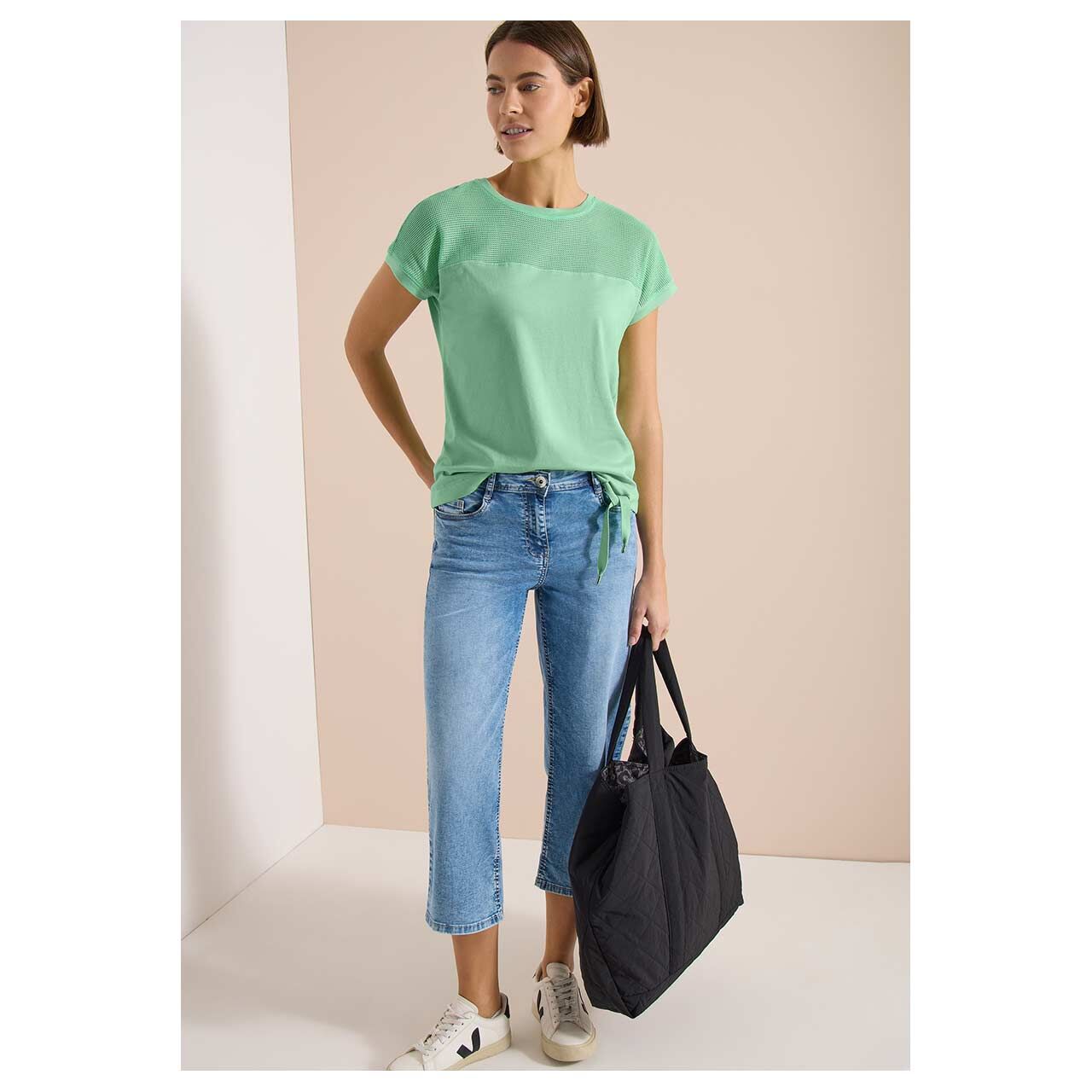 Damen T-Shirt Mesh Insert von Cecil in Hellgrün, Ganzkörperansicht am Model