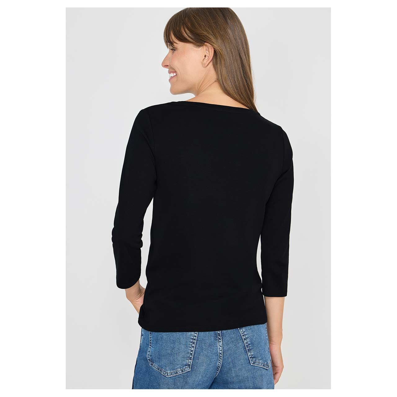 Damen 3/4 Arm Shirt Basic Boatneck von Cecil in Schwarz, Rückansicht am Model