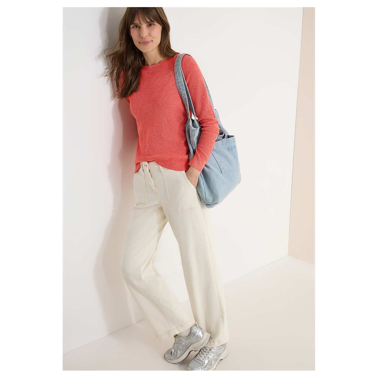 Damen Pullover Structured Boatneck in Orange-Rot meliert, Ganzkörperansicht am Model