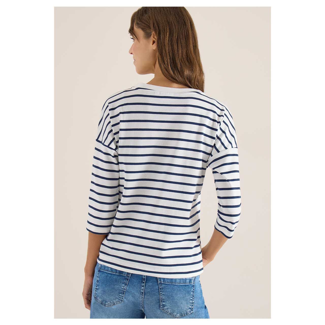 Damen 3/4 Arm Shirt Striped Fleurs von Cecil in Dunkelblau gestreift, Rückansicht am Model