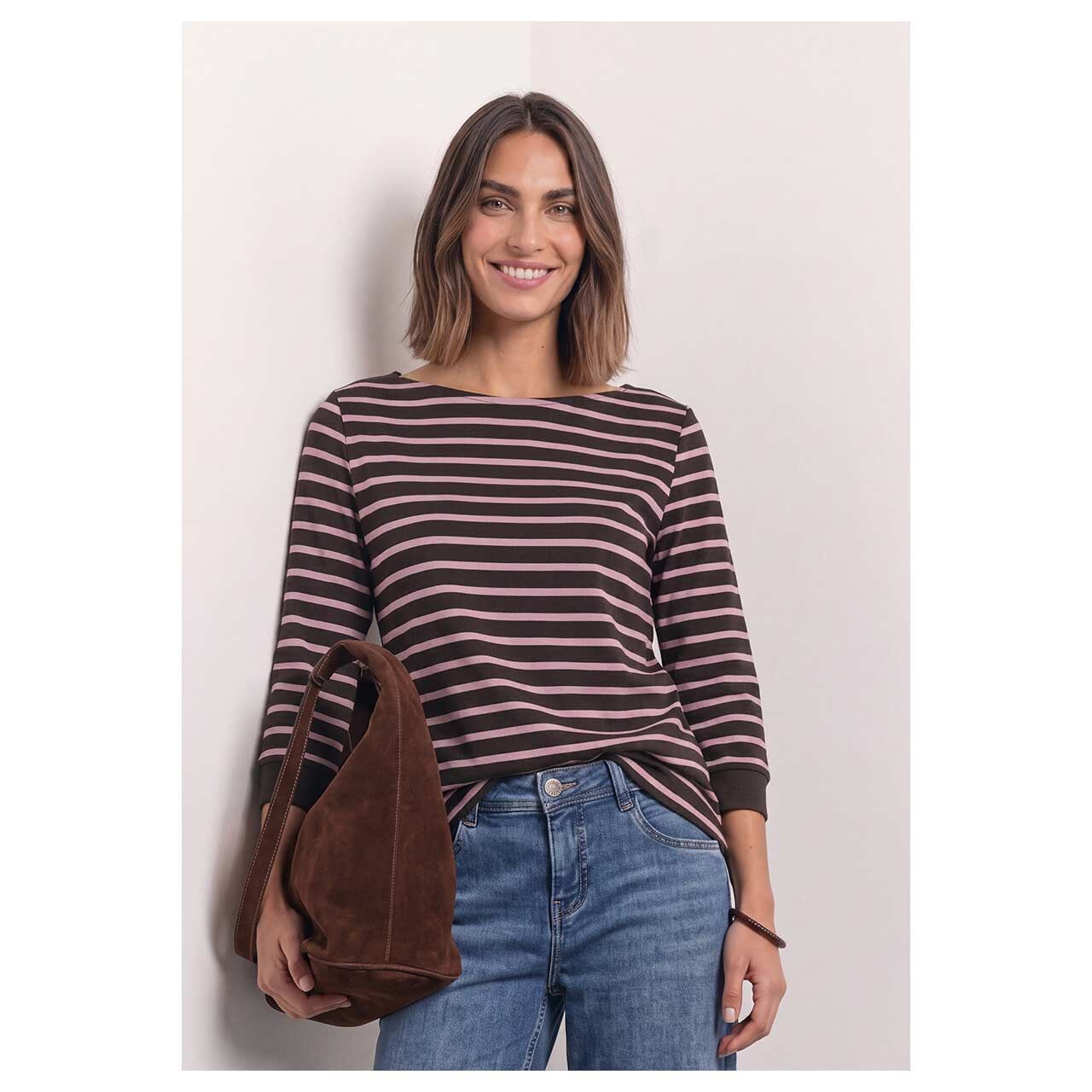 Damen 3/4 Arm Shirt Basic U-Boat von Street One in Rosa gestreift, Vorderansicht am Model