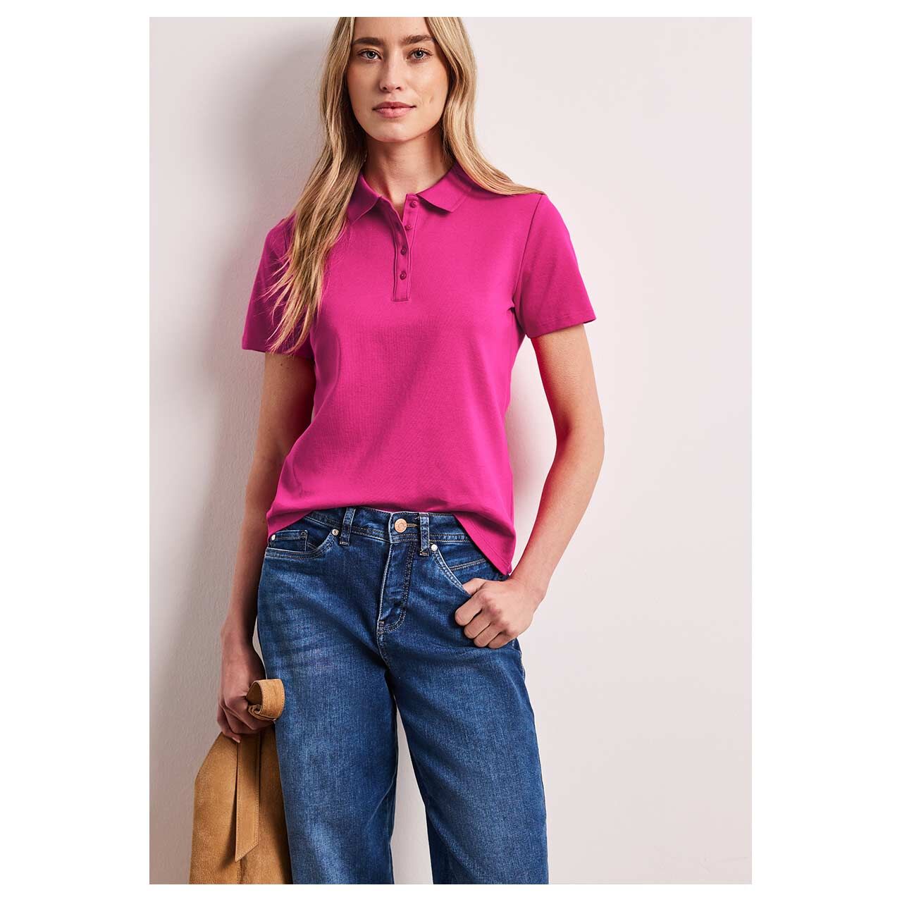 Damen T-Shirt Rib Polo von Street One in Pink, Vorderansicht am Model