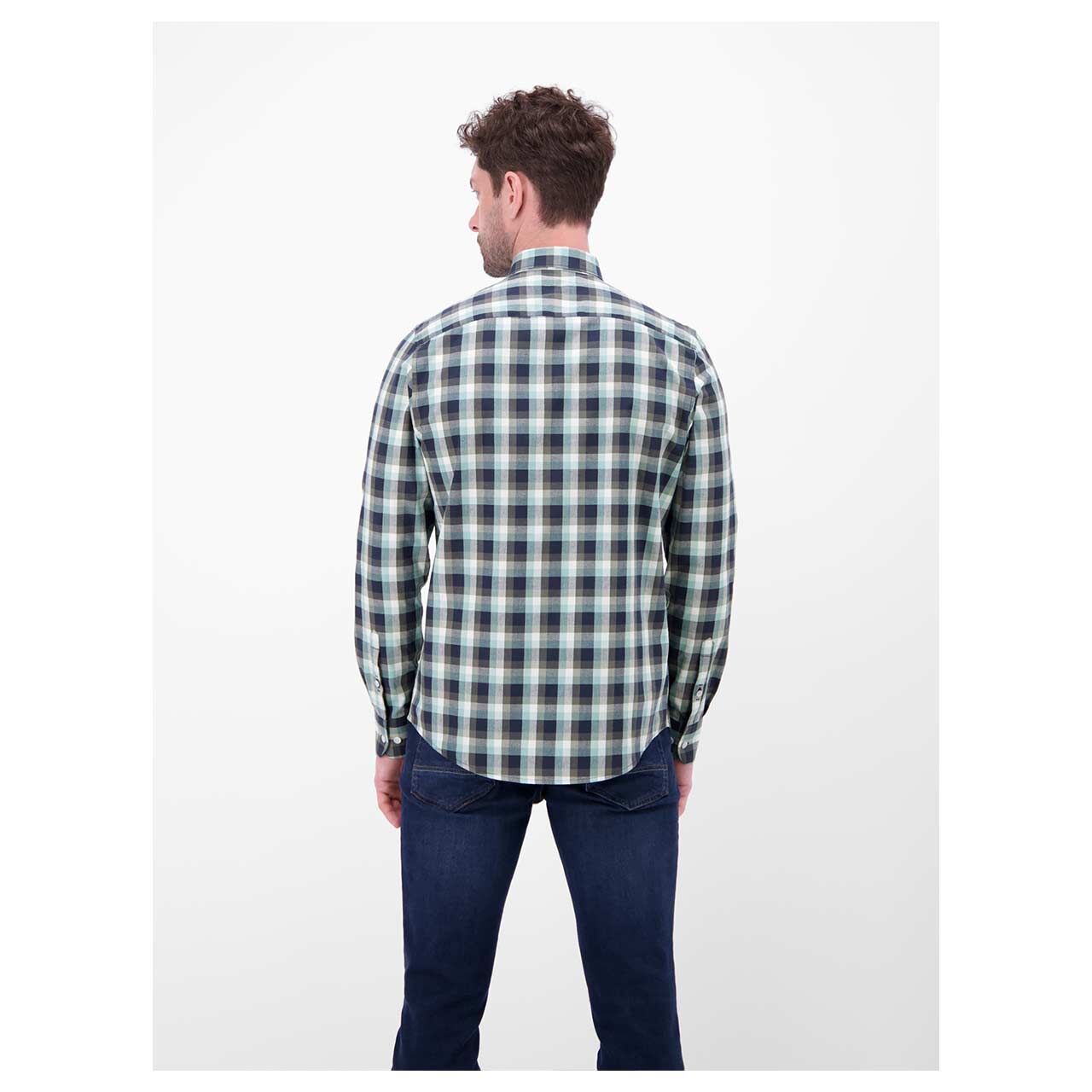 Herren Langarm Hemd von Lerros in Blau-Grau kariert, Rückansicht am Model