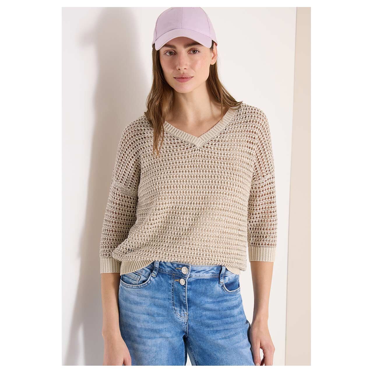 Damen Kurzarm Pullover Structured Fancy Yarn Mix von Cecil in Beige meliert, Vorderansicht am Model