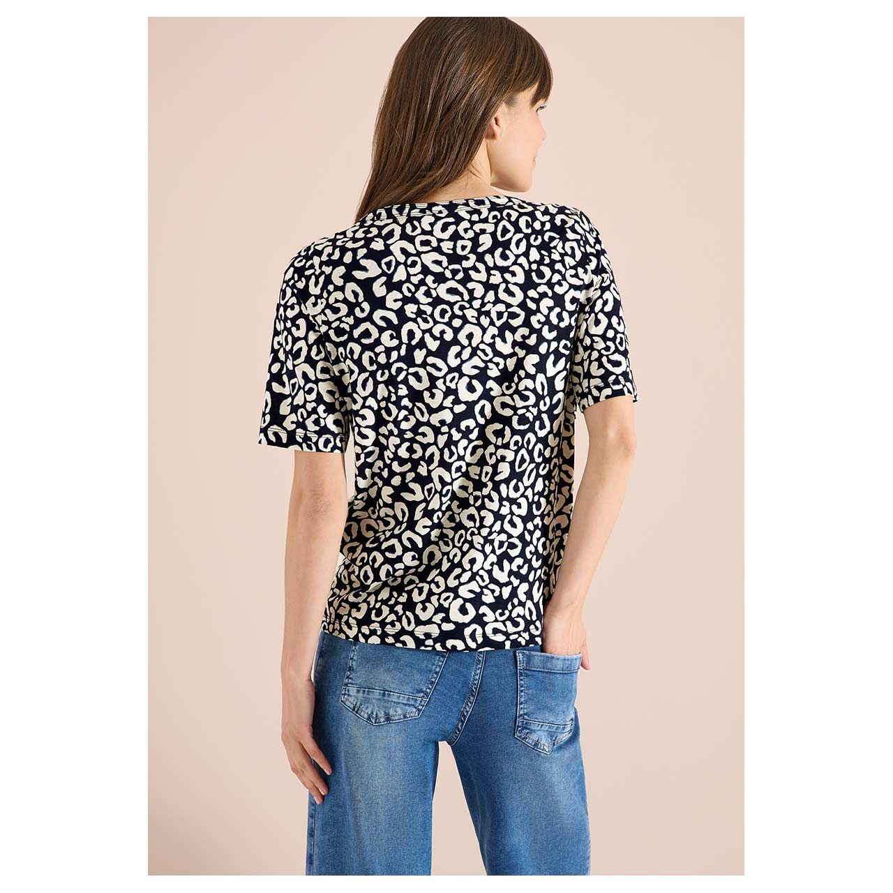 Damen T-Shirt Leo Slubyarn von Cecil in Dunkelblau mit Print, Rückansicht am Model