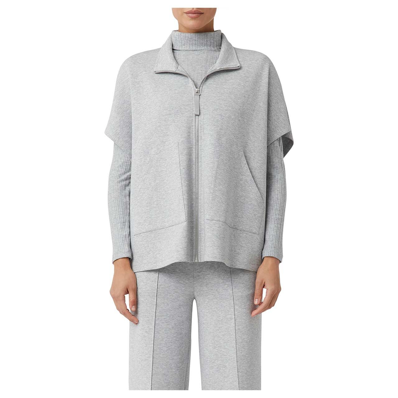Damen Kurzarm Sweatjacke von Comma in Grau meliert, Vorderansicht Model