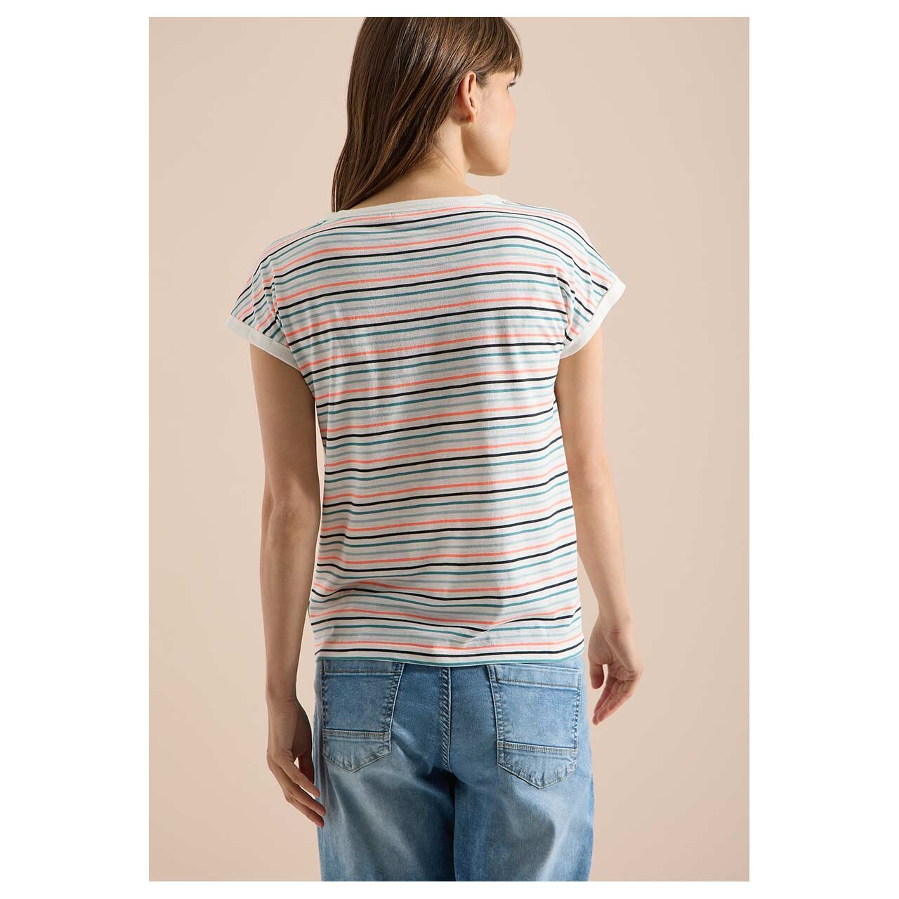 Damen T-Shirt Multi Striped Turn-Up von Cecil in Cremeweiß gestreift, Rückansicht am Model