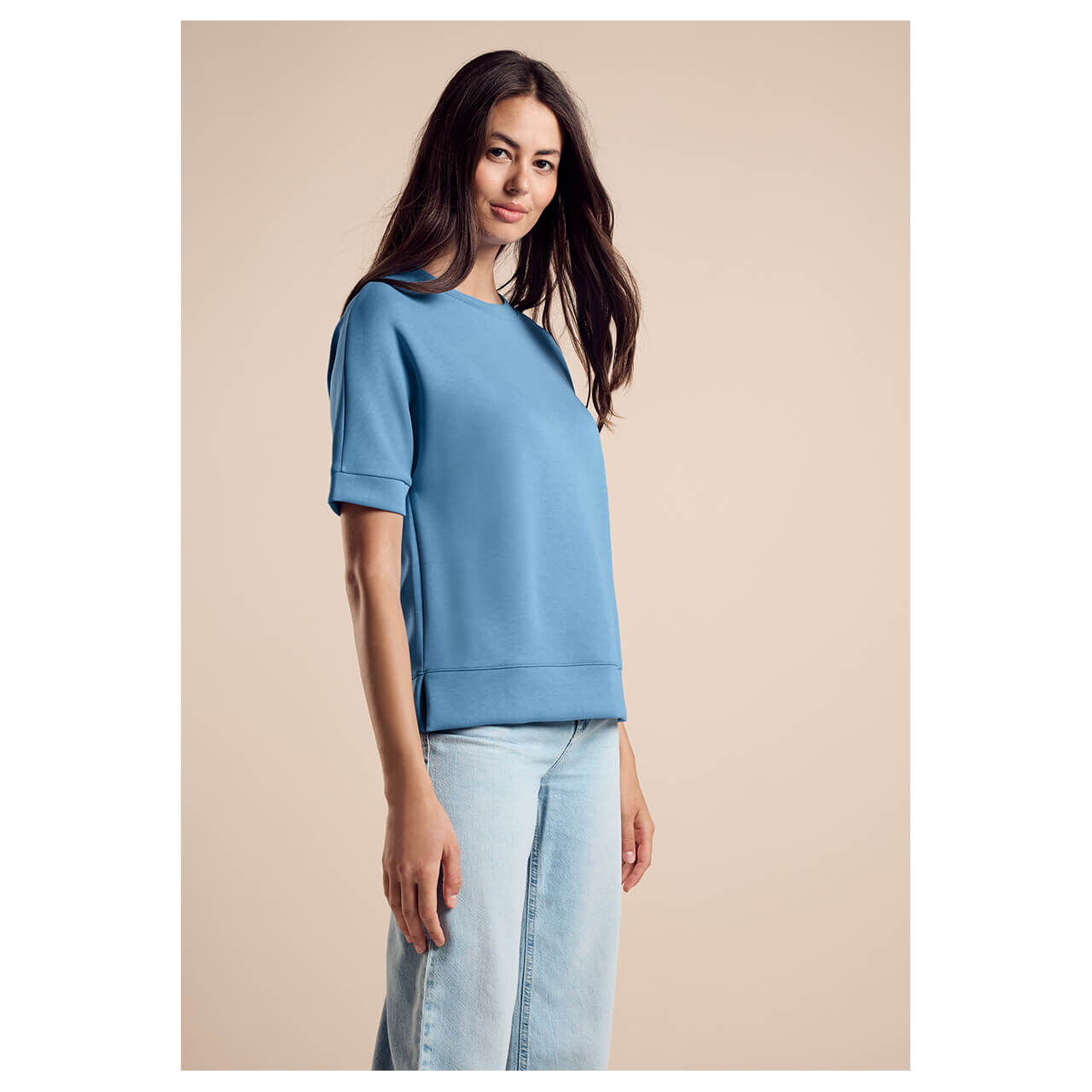 Street One Damen Kurzarm Sweatshirt Silk Look marina blue