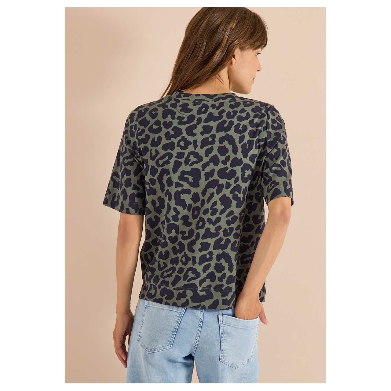 Damen T-Shirt Two-Tone Leo von Cecil in Olivgrün mit Print, Rückansicht am Model