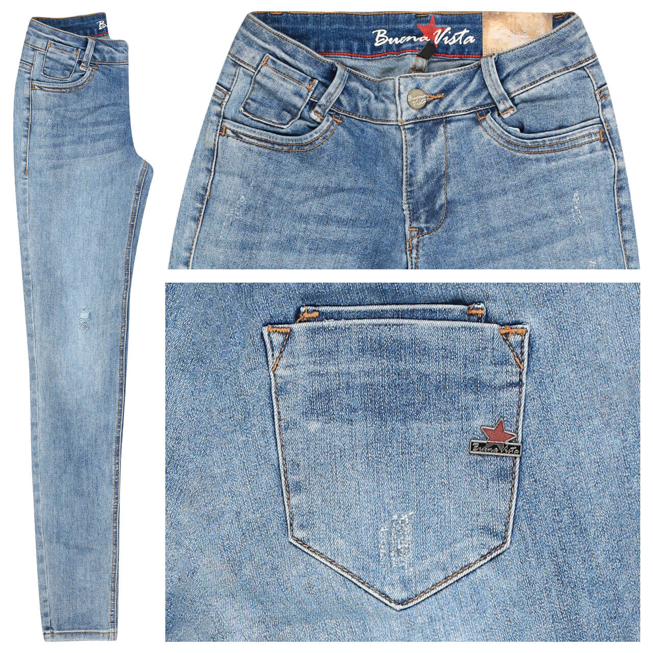 Buena Vista Jeans Kim-Zip Stretch Denim für Damen in Blau verwaschen mit Destroyed-Effekten, FarbNr.: 2792