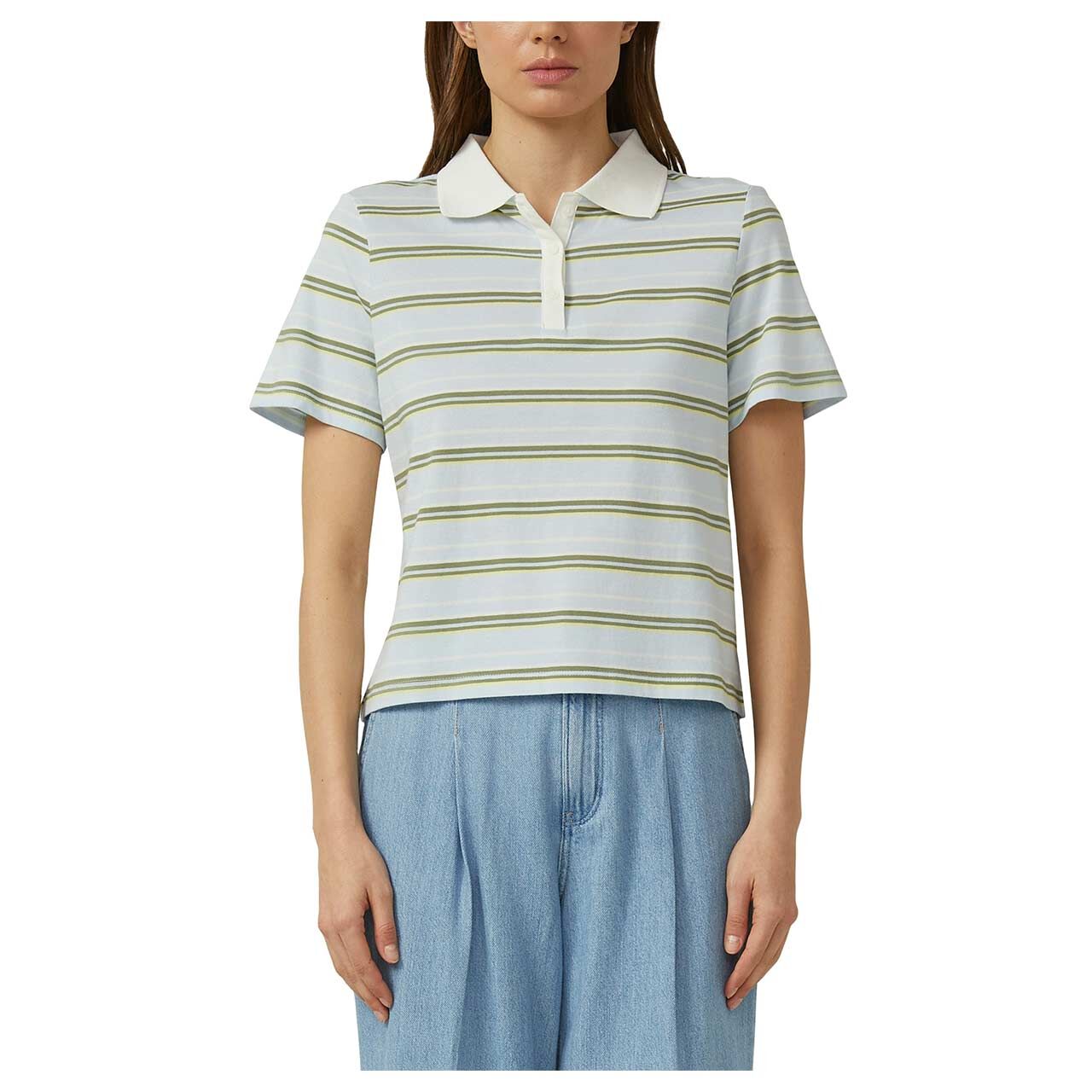 Damen Poloshirt von s.Oliver in Hellblau gestreift, Vorderansicht am Model