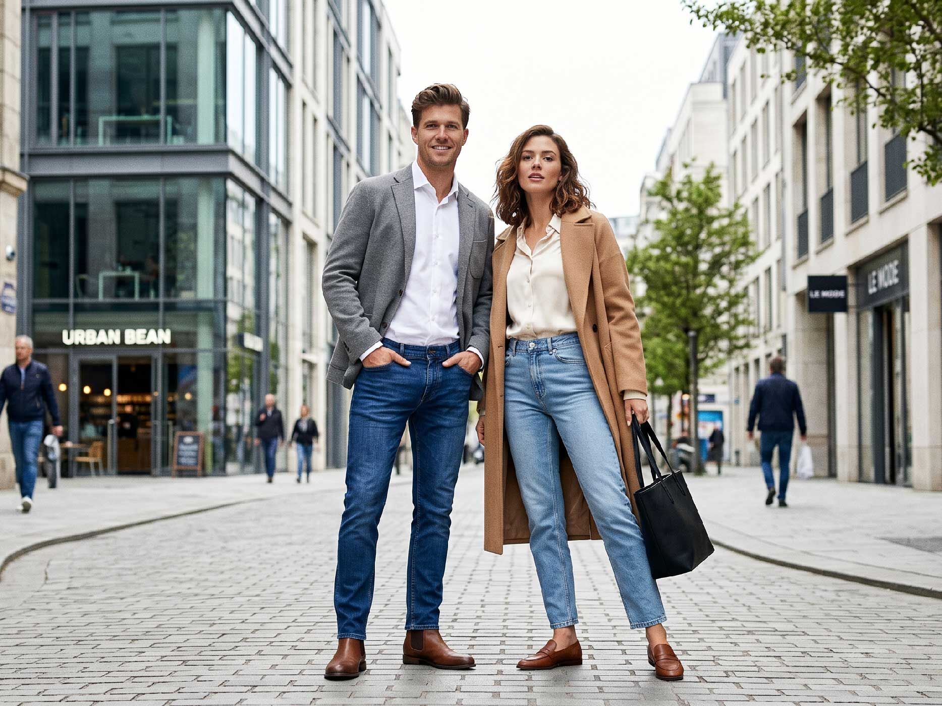 Eine Frau und ein Mann stehen in einer modernen Einkaufsstra&szlig;e. Beide tragen blaue Jeans mit geradem Beinverlauf. Die Frau kombiniert ihre helle Straight-Fit-Jeans mit einer wei&szlig;en Bluse und einem beigen Mantel, der Mann tr&auml;gt eine dunkelblaue Jeans mit wei&szlig;em Hemd, grauem Sakko und braunen Chelsea Boots.