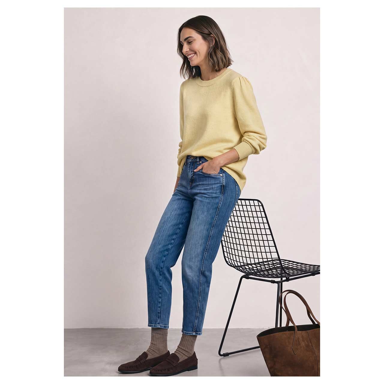 Damen Pullover Cosy Puffy Sleeve Sweater von Street One in Gelb meliert, Ganzkörperansicht am Model
