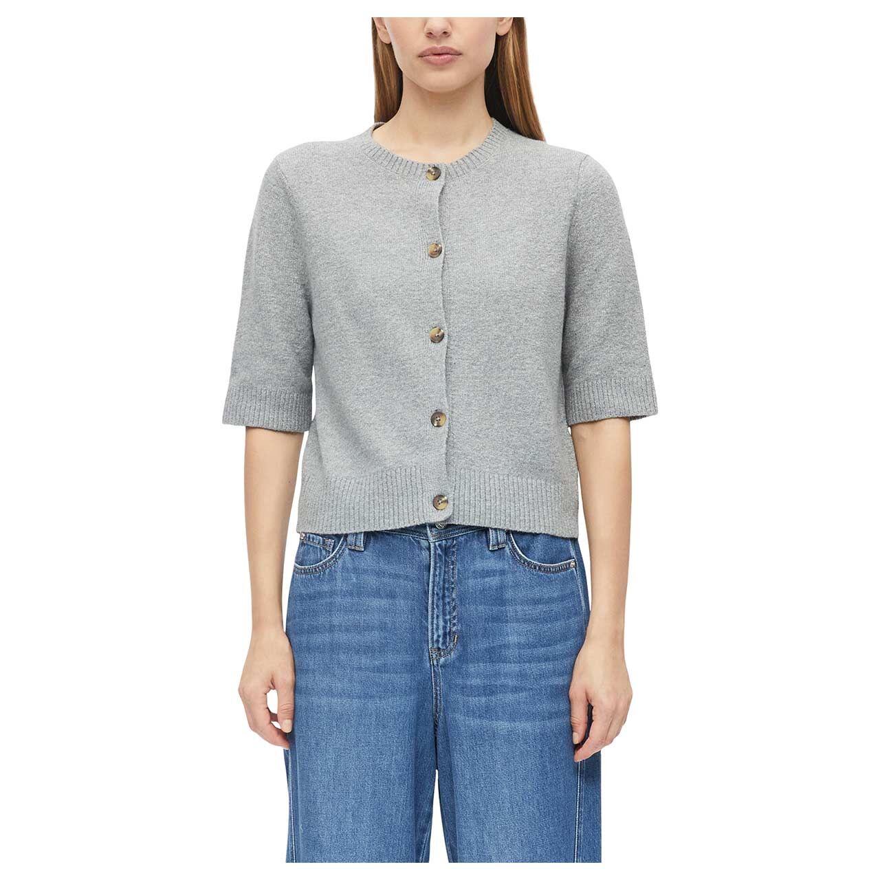 Damen Kurzarm Strickjacke von s.Oliver in Grau meliert, Vorderansicht am Model