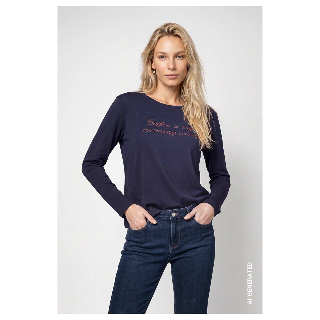 Damen Langarm Shirt von Monari in Dunkelblau mit Print, Vorderansicht am Model