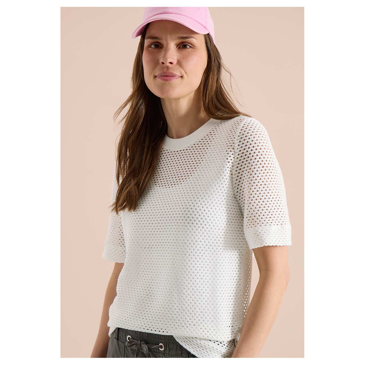 Damen T-Shirt Ajour Knit von cecil in Cremeweiß, Vorderansicht am Model