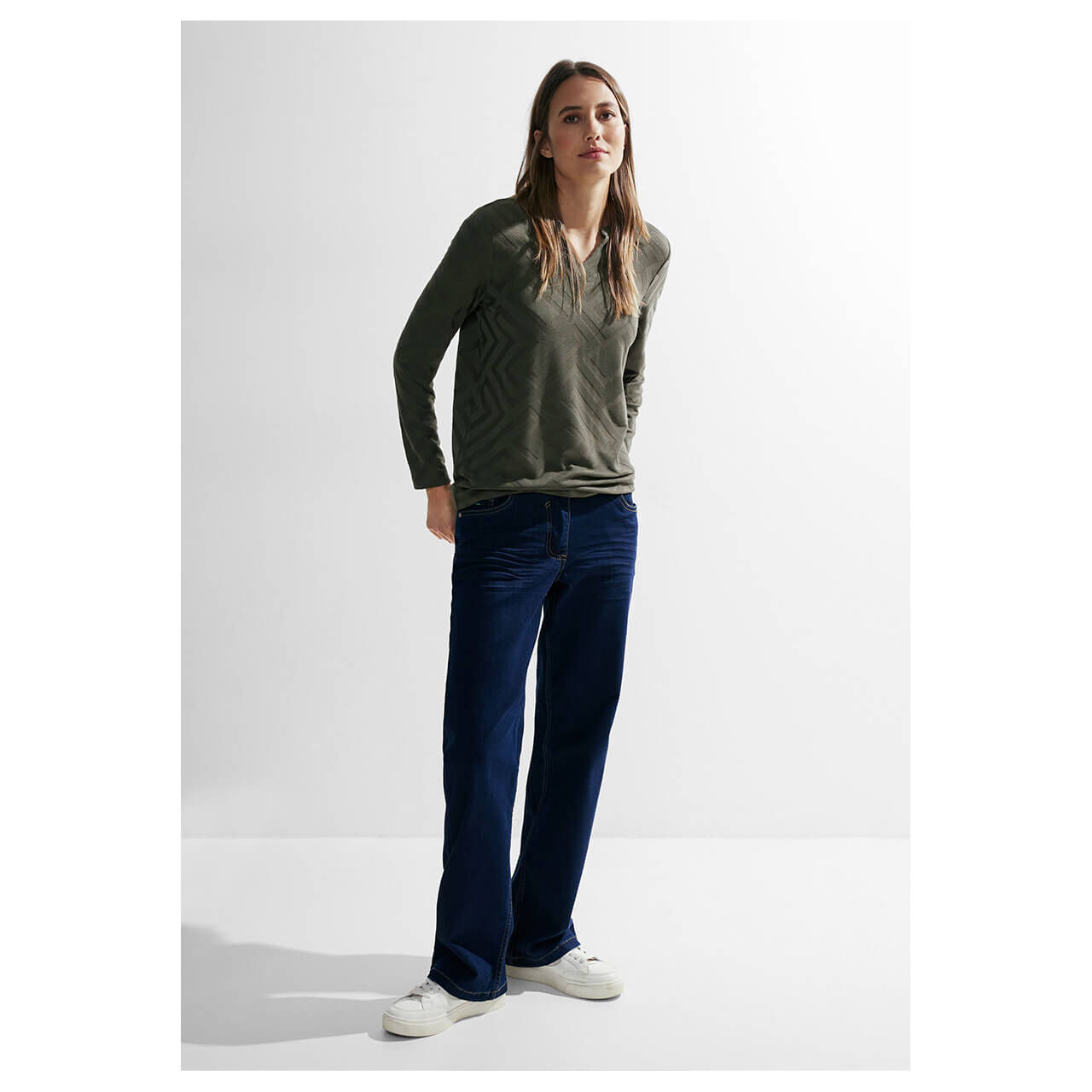 Cecil Damen Langarm Shirt Solid Jacquard Tunic dynamic khaki
