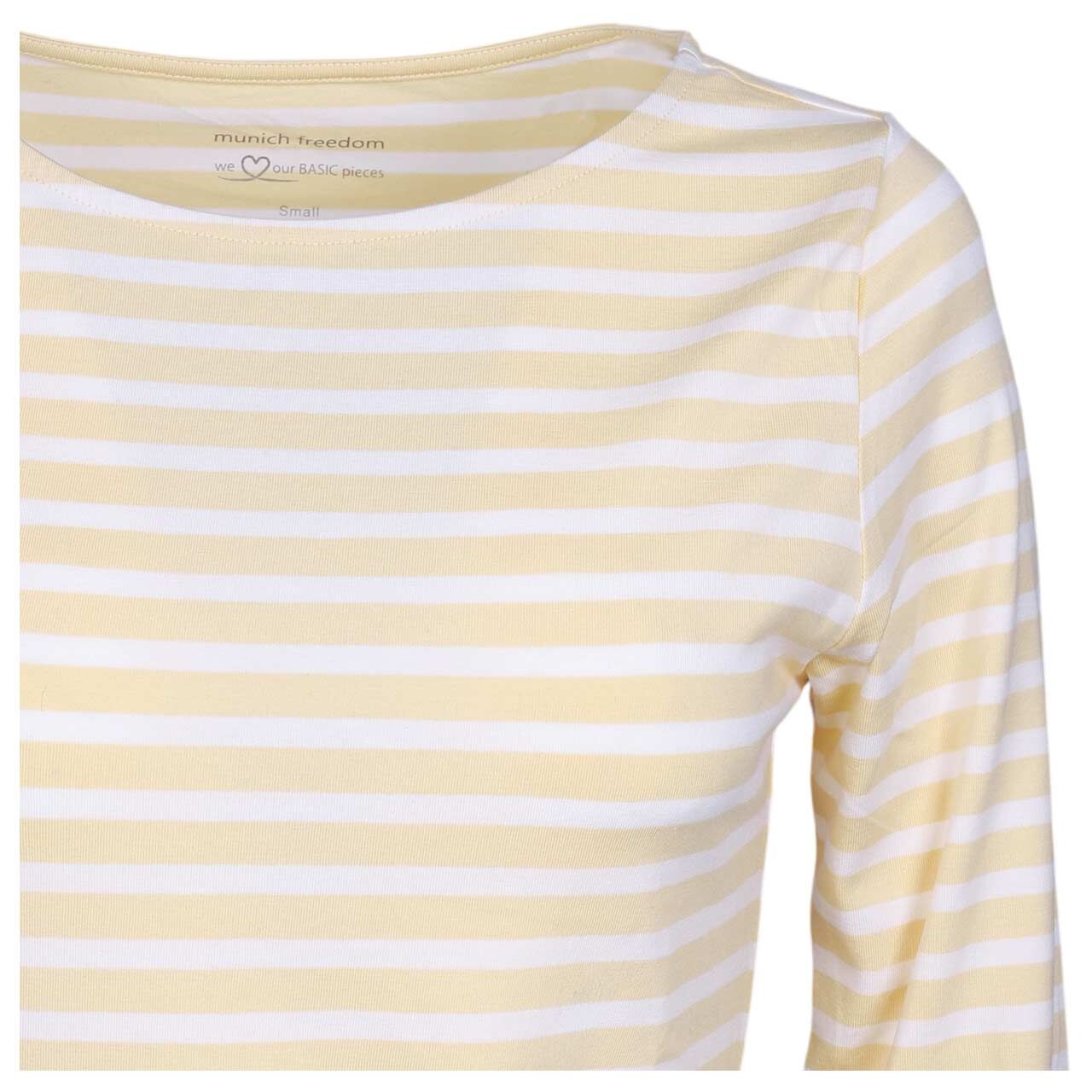 Damen 3/4 Arm Shirt von Munich Freedom in Gelb-Cremeweiß gestreift, detaillierte Vorderansicht