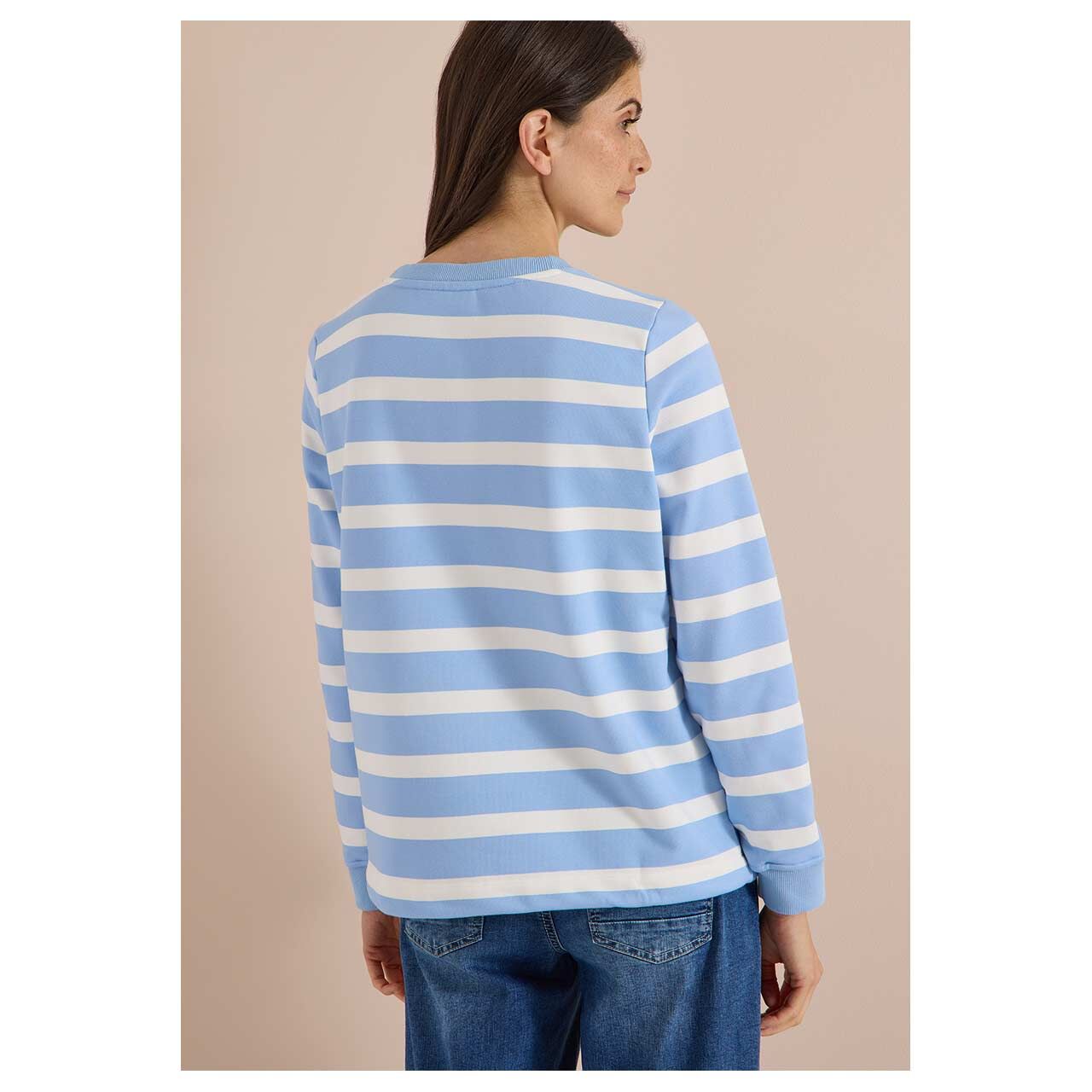 Damen Sweatshirt Striped Embroidery von Cecil in Hellblau gestreift, Rückansicht am Model