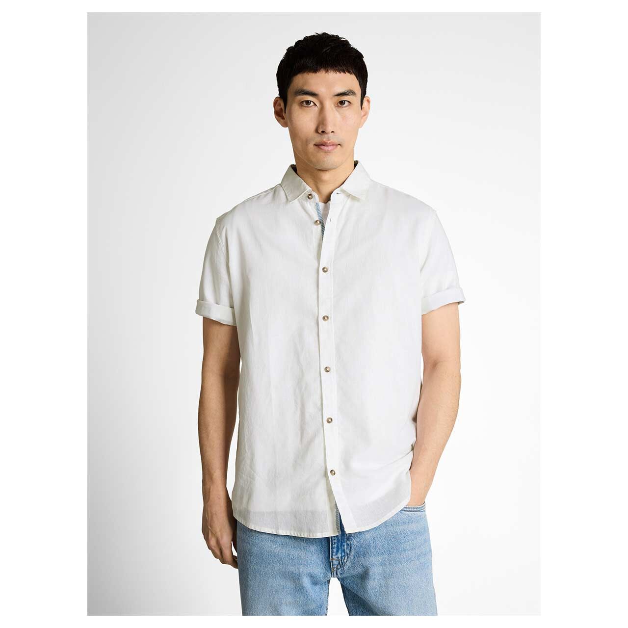 Herren 1/2 Arm Leinen Hemd Cotton Linen von Tom tailor in Weiß meliert, Vorderansicht am Model