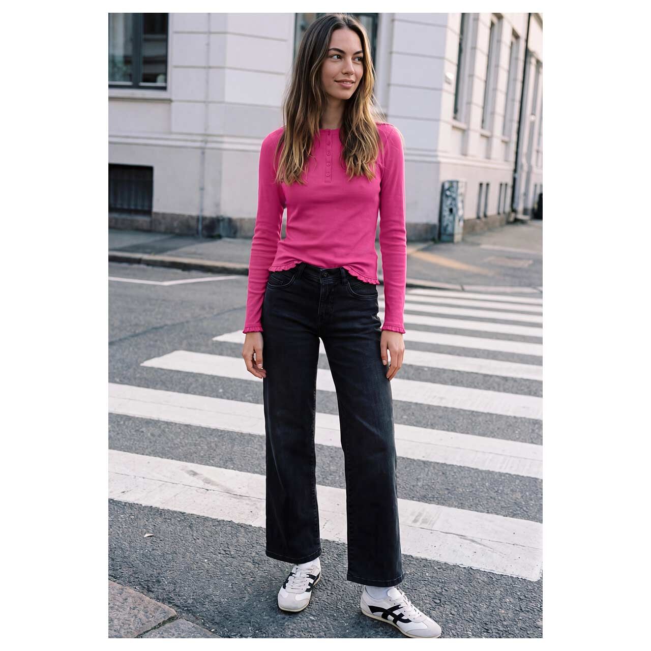 Damen Langarm Shirt Basic Rib Frill von Street One Studio in Pink, Ganzkörperansicht