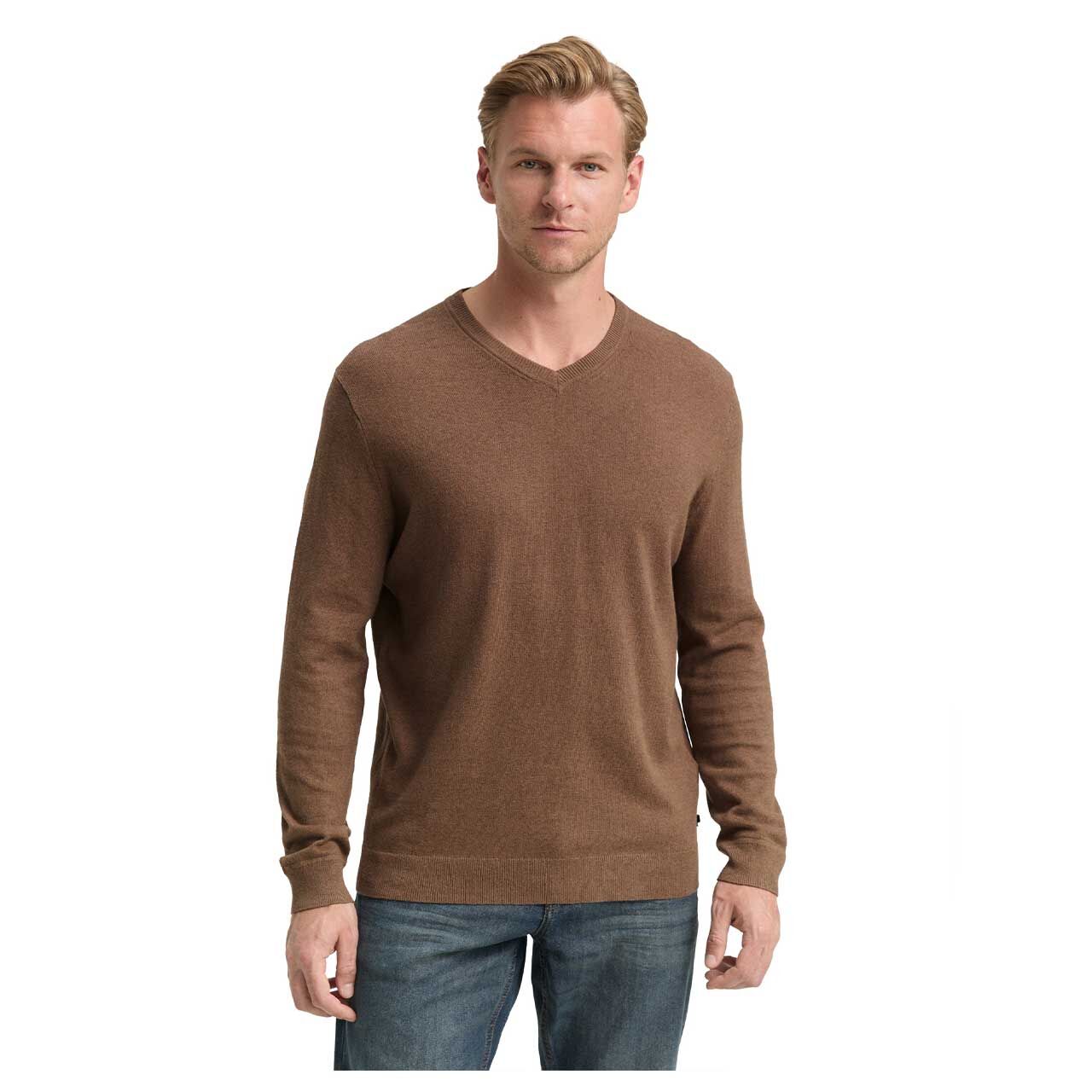 Herren Pullover Cashmere V-Neck Knit von Tom Tailor in Braun meliert, Vorderansicht am Model