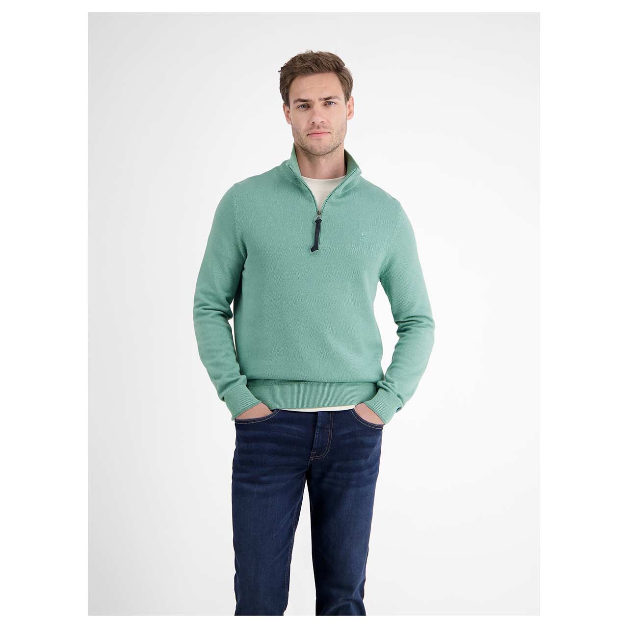 Herren Pullover Troyer von Lerros in Türkis, Vorderansicht am Model
