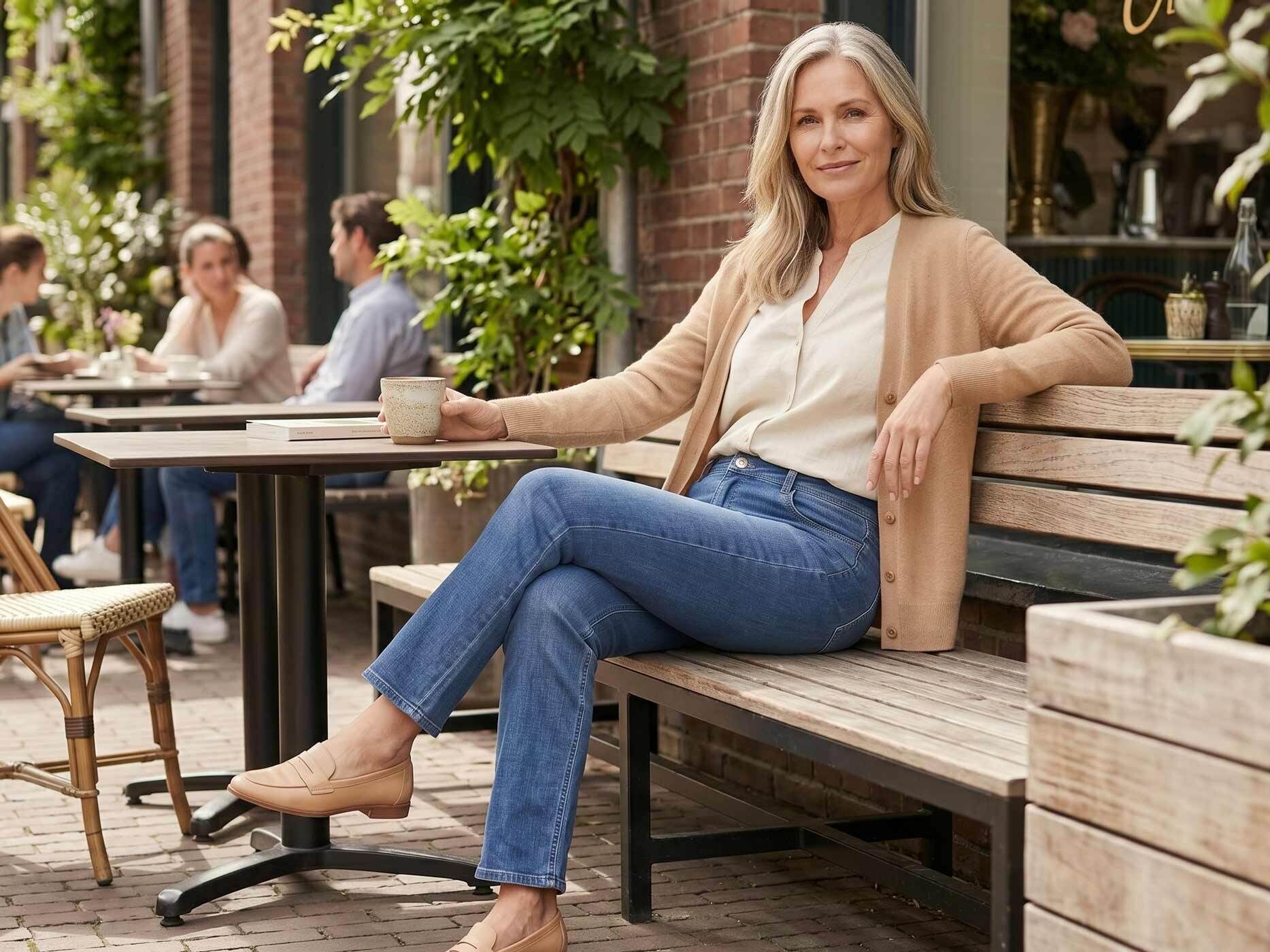 Eine Frau sitzt auf einer Bank und hält eine Tasse in der Hand. Sie trägt eine hellblaue Jeans mit einer weißen Bluse und einer braunen Strickjacke.